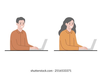 Set of smiling elder man and woman sitting in front of laptop working. Business, technology, leisure, lifestyle, communication concept. Flat people character vector design isolated illustration.