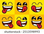 Set of smiling emoji icon. funny yummy face with mouth and tongue gourmet enjoying taste and hungry. delicious, happy yellow character isolated cartoons symbol -vector