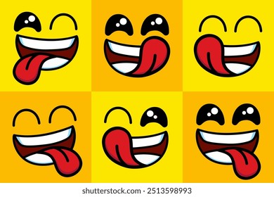 Set of smiling emoji icon. funny yummy face with mouth and tongue gourmet enjoying taste and hungry. delicious, happy yellow character isolated cartoons symbol -vector