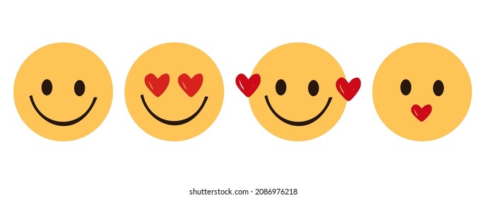 Set of smiling face cartoons with hand drawn hearts on white background vector illustration.
