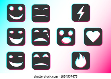 Set with smiling face, heart, fire and flash with glitch style for modern social network. Emoji icons. Web elements layouts. Blogging. Social media concept. EPS10