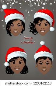 Set of smiling faces of black girls with  Christmas Santa hats and different hairstyles. Vector illustration.