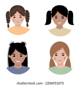 Set of smiling faces of girls with different hairstyles, skin color and ethnicity. Vector illustration 