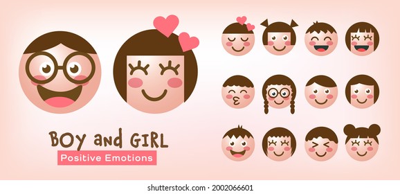Set of smiling faces of kids. Illustration of cute boys and girls faces showing happy and positive 
emotions, Illustration Vector EPS10.