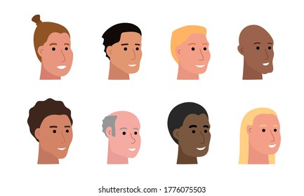 Conjunto de caras sonrientes de un hombre de diversas etnias y con diferente tono de piel y cortes de pelo, cabezas de personajes masculinos aisladas en blanco, caras humanas ilustraciones vectoriales al estilo de arte plano