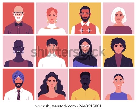 A set of smiling faces of people of different races and nations. Diversity. Happy modern young and old person avatars. Society and population. Vector flat Illustration