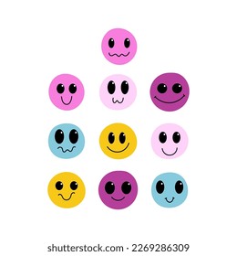 Set of smiling faces. Smile bright colorful icons. Cartoon style. Hand drawn trendy vector illustration.