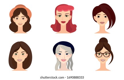 Satz lächelender weiblicher Gesichter mit unterschiedlichen Haarstilen und Haarfarben Vektorillustration-Illustration