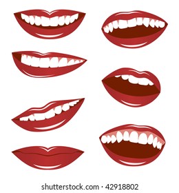 Set smiling female lips isolated on a white background. Vector illustration.