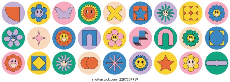 A set with smiling flowers, abstract shapes and geometric shapes in a trendy cartoon retro-psychedelic style of the 90s.