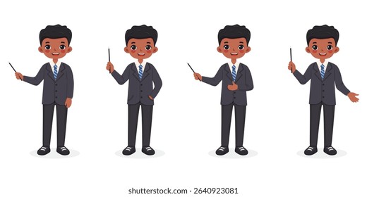 Set of smiling and friendly business african american man teacher in a stylish suit on white background. Poster, Banner, Flyer. Vector illustration in flat cartoon style