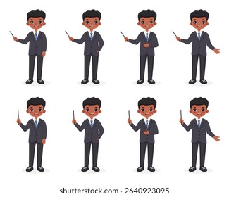 Set of smiling and friendly business african american man teacher in a stylish suit on white background. Poster, Banner, Flyer. Vector illustration in flat cartoon style
