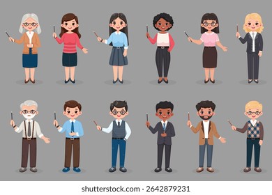 Conjunto de sorridente e amigável homem de negócios e mulher com lápis ponteiro. Professor de pé sobre fundo cinza. Caráter de idade diferente e multinacionais. Ilustração vetorial em estilo de desenho animado plano