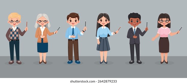 Conjunto de sorridente e amigável homem de negócios e mulher com lápis ponteiro. Professor de pé sobre fundo cinza. Caráter de idade diferente e multinacionais. Ilustração vetorial em estilo de desenho animado plano
