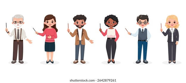 Conjunto de sorridente e amigável homem de negócios e mulher com lápis ponteiro. Professor de pé sobre fundo branco. Caráter de idade diferente e multinacionais. Ilustração vetorial em estilo de desenho animado plano
