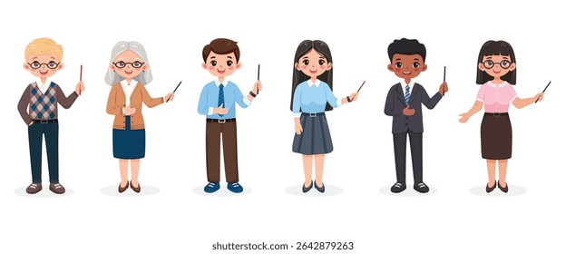 Conjunto de sorridente e amigável homem de negócios e mulher com lápis ponteiro. Professor de pé sobre fundo branco. Caráter de idade diferente e multinacionais. Ilustração vetorial em estilo de desenho animado plano