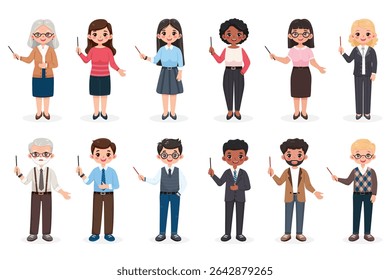 Conjunto de sorridente e amigável homem de negócios e mulher com lápis ponteiro. Professor de pé sobre fundo branco. Caráter de idade diferente e multinacionais. Ilustração vetorial em estilo de desenho animado plano