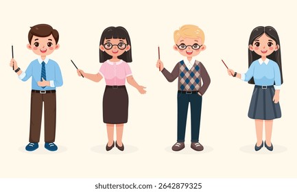 Conjunto de sorridente e amigável homem de negócios e mulher com lápis ponteiro. Professor de pé sobre fundo claro. Caráter de idade diferente e multinacionais. Ilustração vetorial em estilo de desenho animado plano