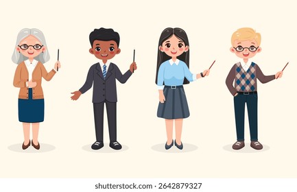 Conjunto de sorridente e amigável homem de negócios e mulher com lápis ponteiro. Professor de pé sobre fundo claro. Caráter de idade diferente e multinacionais. Ilustração vetorial em estilo de desenho animado plano