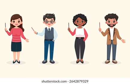 Conjunto de sorridente e amigável homem de negócios e mulher com lápis ponteiro. Professor de pé sobre fundo claro. Caráter de idade diferente e multinacionais. Ilustração vetorial em estilo de desenho animado plano
