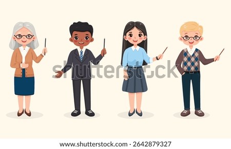 Set of smiling and friendly business man and woman with pointer pencil. Teacher standing on light background. Character of different age and multinationals. Vector illustration in flat cartoon style