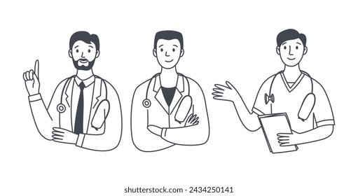 Set of smiling friendly male medics. Portraits of medical workers. Medicine. Doctor with a stethoscope. Isolated vector doodle illustration