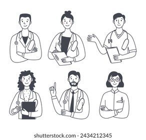 Set of smiling friendly medical men and women. Portraits of medical workers. Medicine. Doctor with a stethoscope. Isolated vector doodle illustration