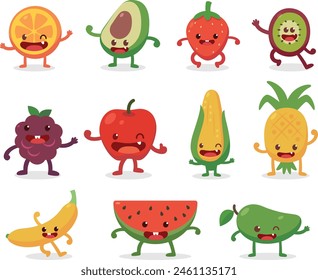 Set of smiling fruit cartoons. Vector illustration in flat style.