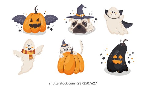A set of smiling and funny Halloween illustrations: a pumpkin, a ghost, a cat, a dog in a witch's hat. Vector cartoon cute illustration in hand drawn style
