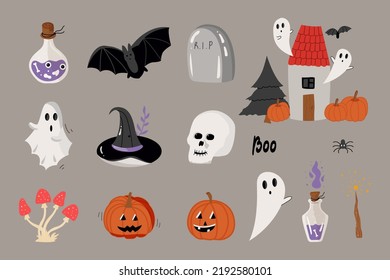 set of smiling and funny illustrations for Halloween: pumpkins, ghost, ghost, bat, house. Set of isolated icons, vector illustration.