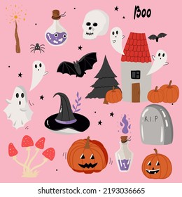 set of smiling and funny illustrations for Halloween: pumpkins, ghost, ghost, bat, house. Set of isolated icons, vector illustration