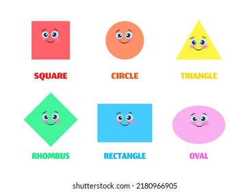 Set of smiling geometric figures. Comic cartoon characters for children education. Basic geometric shapes different colors.. Vector illustration