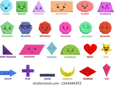 Set of smiling geometric figures. Comic cartoon characters for children education. Basic geometric shapes. Vector illustration