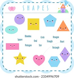 Set of smiling geometric figures. Comic cartoon characters for children education. Basic geometric shapes. Vector illustration
