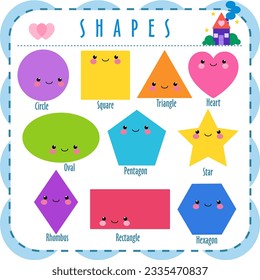 Set of smiling geometric figures. Comic cartoon characters for children education. Basic geometric shapes. Vector illustration