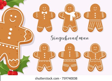 Set of smiling gingerbread man. Holiday sweet cookie isolated on light background. Symbol of Merry Christmas and Happy New Year. Cartoon vector illustration.