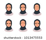 Set Smiling girl in hijab.Facial expressions Young Arabic business woman wearing hijab. Arabian Woman Face Covered with scarf. Vector illustration isolated from white background