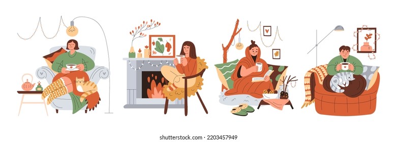 Set smiling girls in warm clothes resting in armchairs  holding cups warm drink  Blankets  cusions  cats  books  candles  fireplace  lights  Cosy hygge aesthetics  Female characters