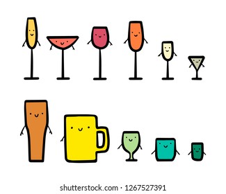 Set of smiling glass different forms and drinks colorful illustration