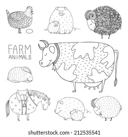 Set Of Smiling Hand Drawn Abstract Farm Animals