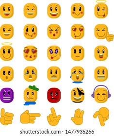 A set of smiling, happy, joyful, sad, angry, crying, loving yellow faces emoticons. Emoji kit. Vector illustration of round yellow emoticons or badges on a white background.