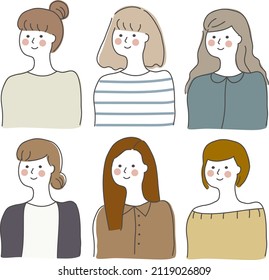 Set of smiling happy young Female Characters Upper Body portrait with different age, dressing and hairstyles. Hand drawn thin line style Vector design illustration.