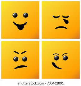 Set smiling icon on yellow background. Creative cartoon style smiles with different emotions. Emoticons on colored triangles. 