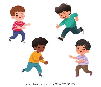 Set of smiling international kids playing and running. Cartoon character in flat design style isolated. Vector illustration