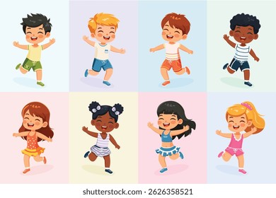 Set of smiling international kids playing and running. Cartoon character in flat design style isolated on color background. Poster, Banner, Flyer, Summer time. Vector illustration