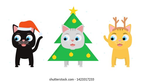 Set of smiling kittens dress up in christmas costume of Santa, x-mas tree and Christmas deer. Christmas and New year apparel collection for cats. Funny vector cartoon flat illustration.