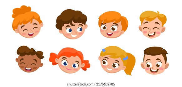 Set of smiling and laughing kids faces. Happy faces of young children of different ethnicities. Boys and girls with different hairstyles, isolated on white background.Cartoon style vector illustration