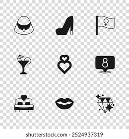 Set Smiling lips, 8 March, Diamond, Heart, Feminist activist, Handbag, Woman shoe and Martini glass icon. Vector