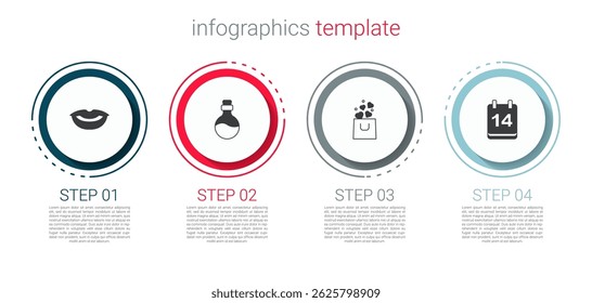 Set Smiling lips, Bottle with love potion, Shopping bag heart and Calendar February 14. Business infographic template. Vector