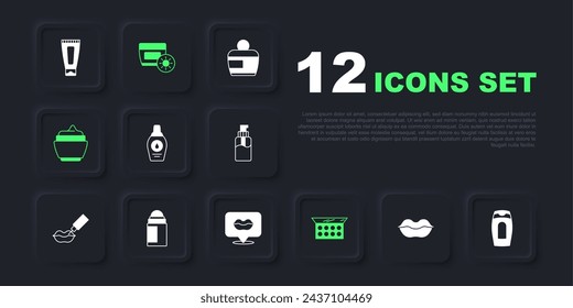 Set Smiling lips, Bottle of shampoo, Makeup powder with mirror, Cream lotion cosmetic tube, Deodorant roll, Sunscreen cream and  icon. Vector